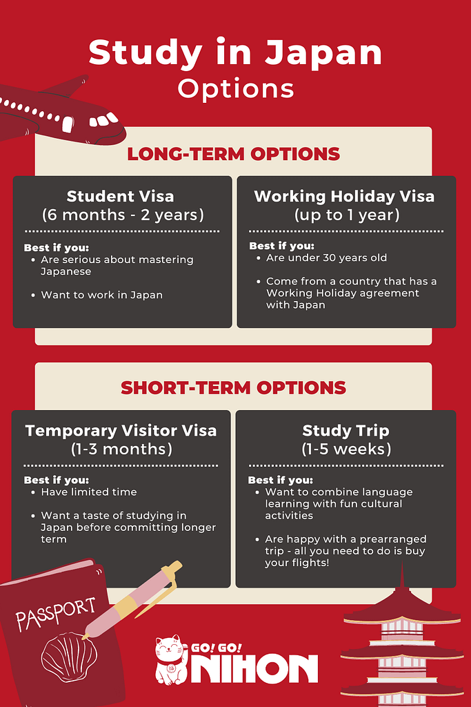 Short and long term options to study in Japan infographic.