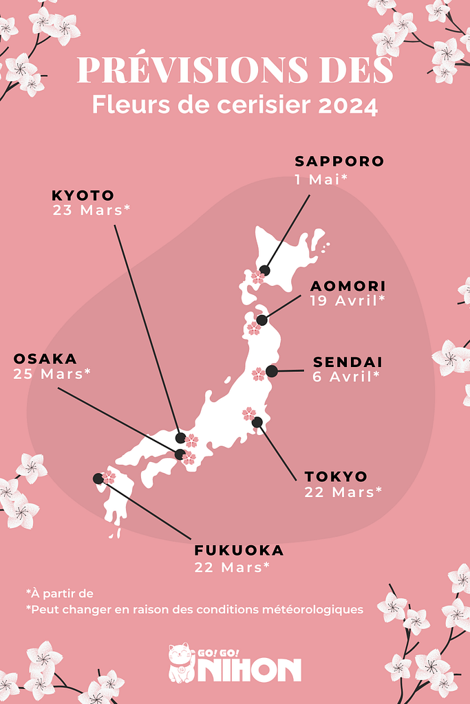 Carte des prévisions de floraison des cerisiers au Japon en 2024