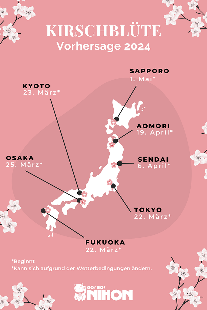Infografik zum Kirschblütenkalender, der die Blütezeit der Kirschblüten in Japan zeigt