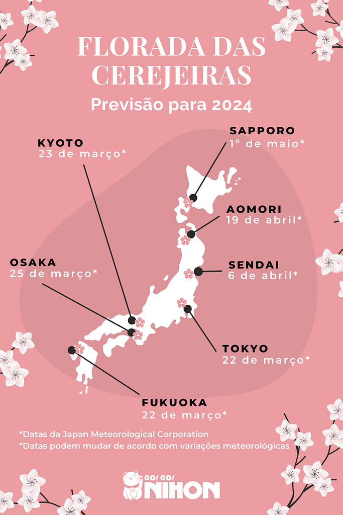 Infográfico da previsão das flores de cerejeira no Japão em 2024.
