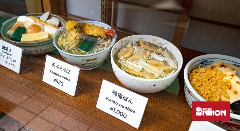 Image of ramen and udon noodle dishes in shop display window with prices