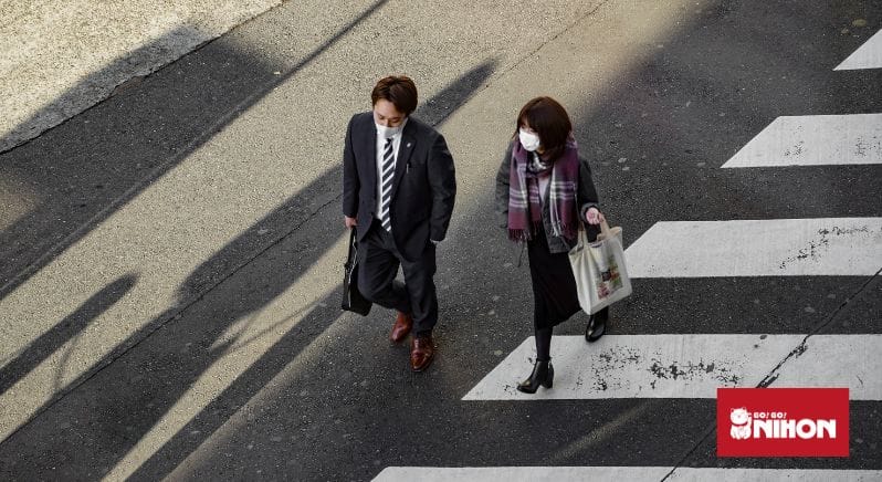 Dos colegas caminando juntos por un paso de peatones en Japón.