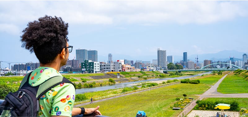 Personne surplombant une rizière à Sapporo lors d'un voyage dans la campagne japonaise.