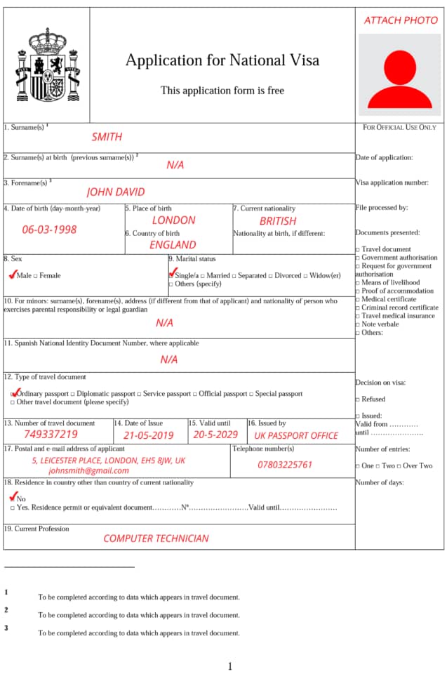 Application for National Visa Form Spain 1