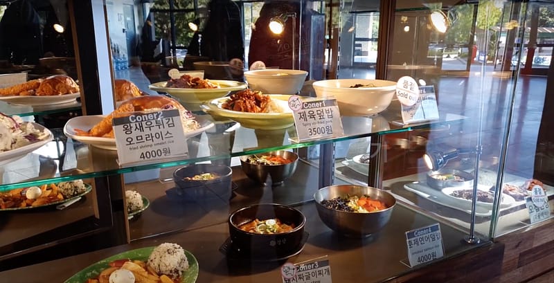 Food display at a university cafeteria in Korea