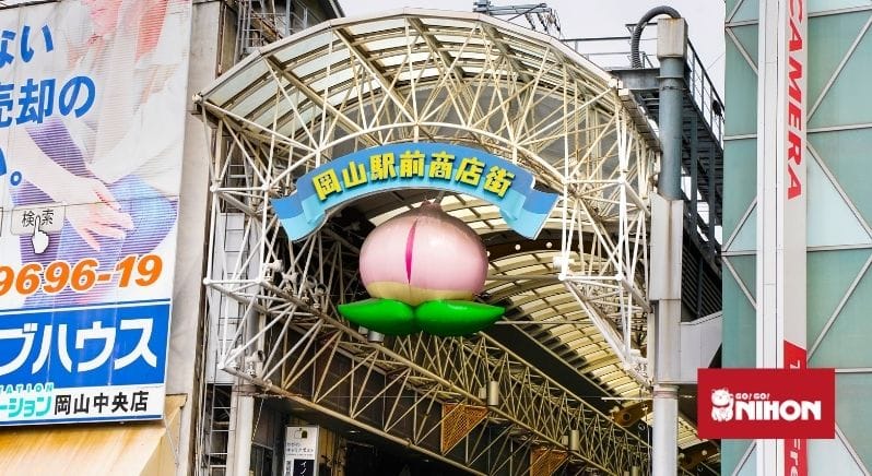 White peach hanging over main shopping street in Okayama